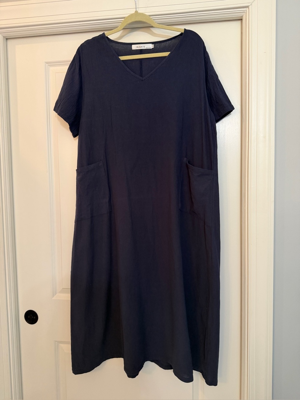 Cotton Navy V-Neck Midi Dress with Pockets 2 xl